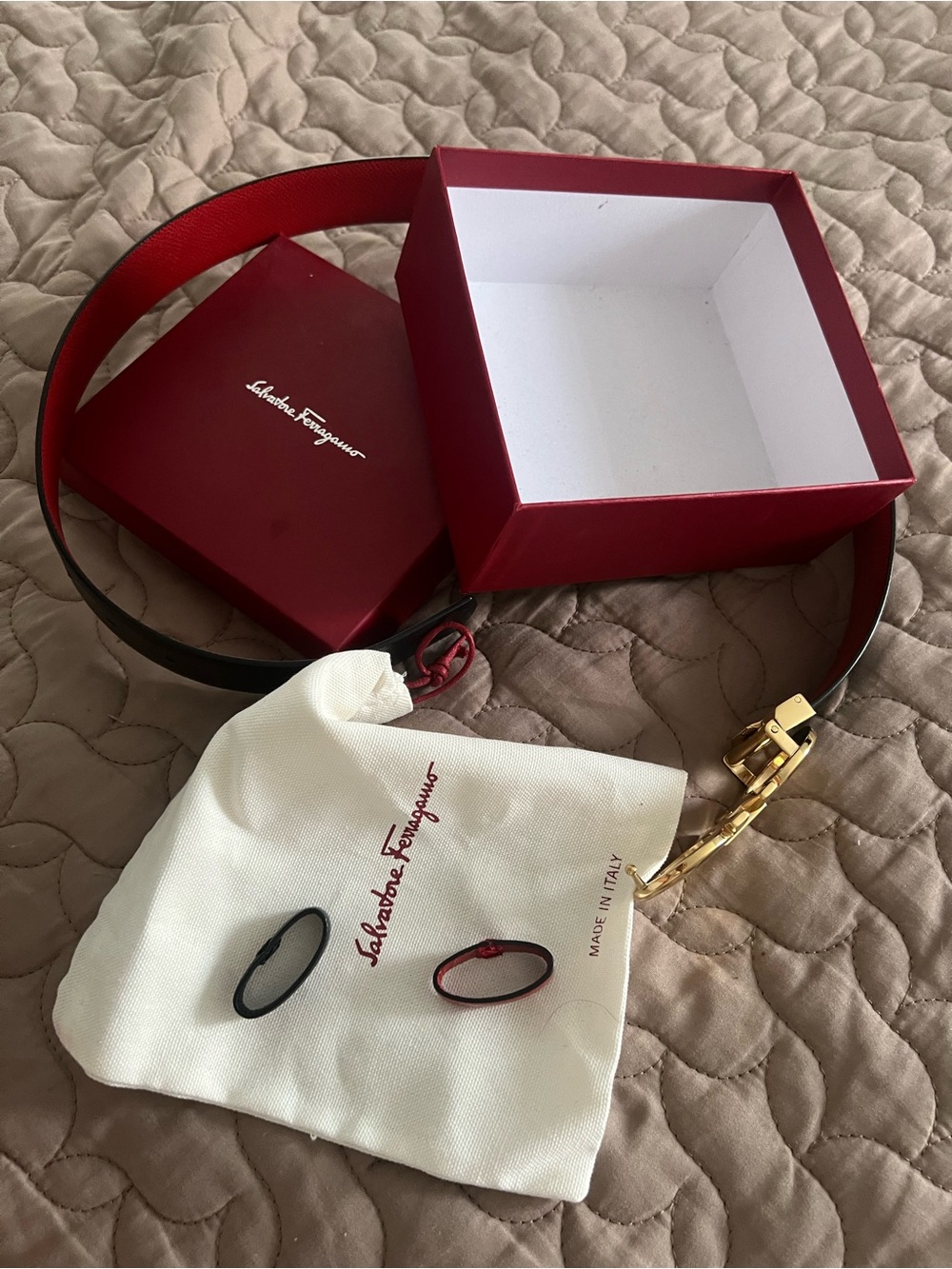Salvatore Ferragamo Red and Black Leather Belt with Gold Hardware